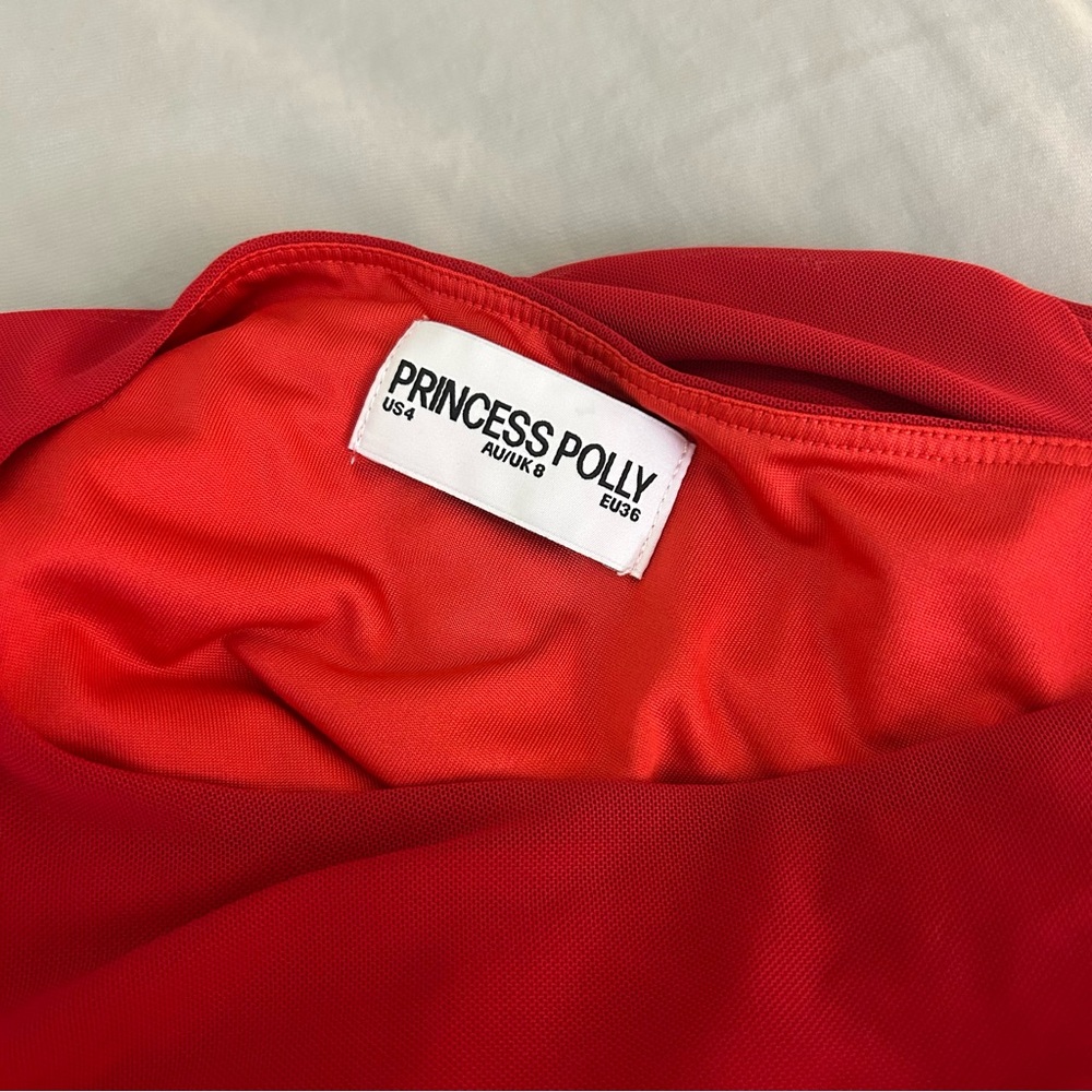 Princess Polly 4 Lorello Mini Red Dress, One Shoulder Rosette Ruffle Trim - Picture 4 of 12